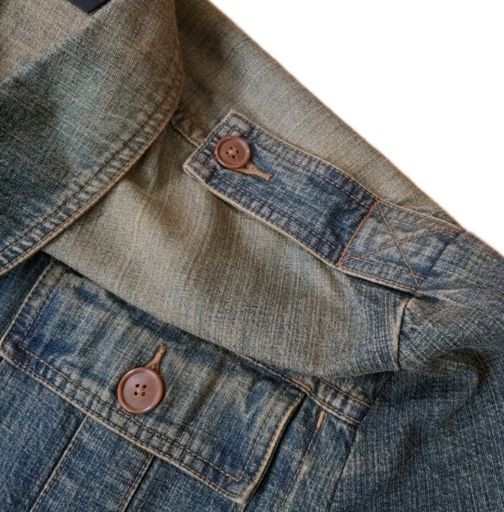 Express Military Jean Jacket Woman Large Blue Denim Button Elbow Patches Utility - Picture 6 of 12